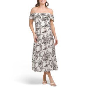 FRANCESCA BETTI Italy Linen Off The Shoulder Ruffle Toile Print Dress